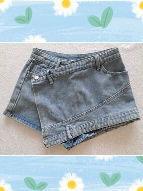 Denim Wrap Skort Shorts - Light Blue